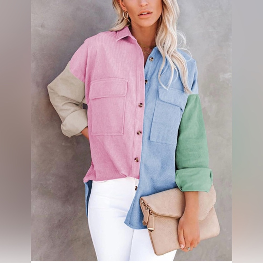 NWOT ~ WOMEN CURDORY BUTTON DOWN SHIRT BOYFRIENDS COLOR BLOCK LONG SLEEVE